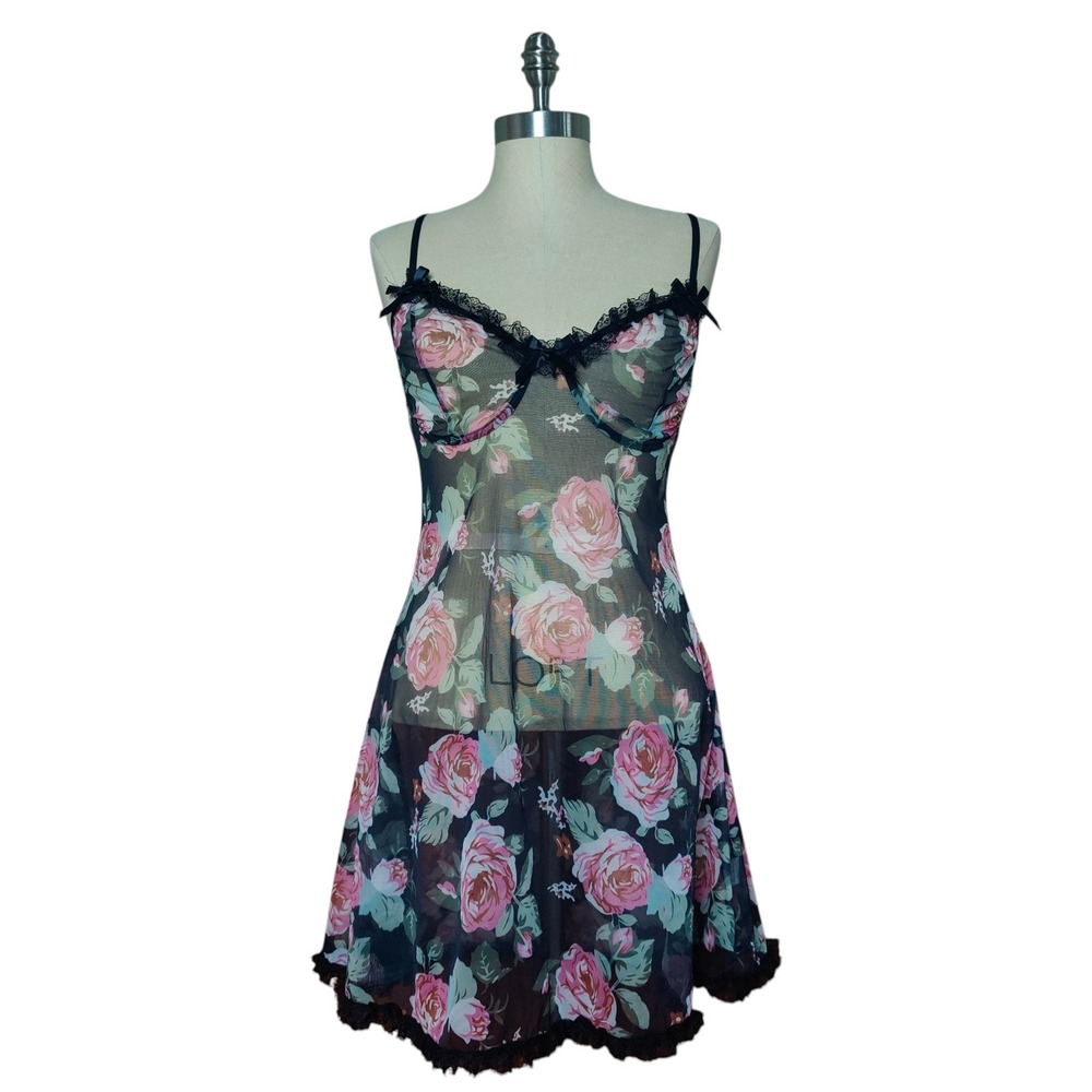 Y2K Floral Mesh Lace Chemise Nightgown Rose Slip Dress Coquette Dark Romantic